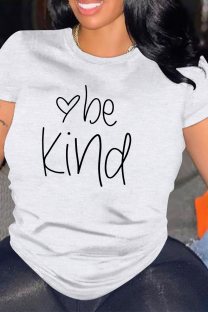 White Letter Print O Neck Tops