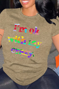 Khaki Casual Letter Print Gradient O Neck Tops