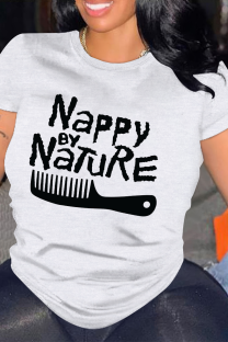 White Casual Letter Print O Neck Tops
