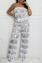 Silver Sexy Casual Patchwork Fringed Trim Sequins See-Through Backless Strapless Sleeveless Two Pieces