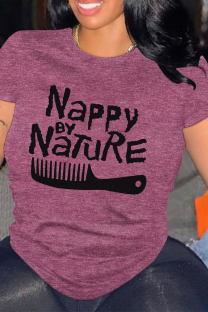 Burgundy Casual Letter Print O Neck Tops