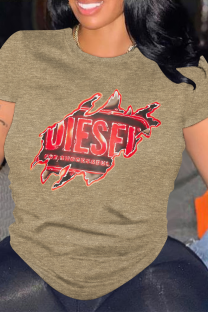 Khaki Casual Letter Print O Neck Tops