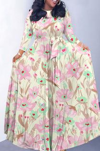 Apricot Elegant Striped Print Flowers Pocket With Belt Contrast O Neck Printed Dresses