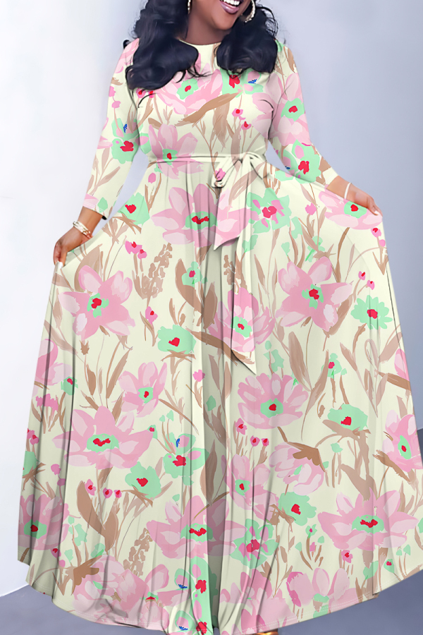 Apricot Elegant Striped Print Flowers Pocket With Belt Contrast O Neck Printed Dresses