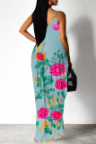 Blue Sexy Floral Print Pocket Contrast V Neck Printed Dresses