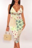 Blue Purple Sexy Flowers Print Contrast V Neck Wrapped Skirt Dresses