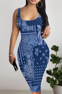 Blue Sexy National Totem Print Contrast U Neck Printed Dresses