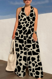 Khaki Sexy Colorblock Print Lace Up Backless Contrast Halter Loose Jumpsuits