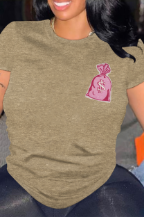 Khaki Casual Graffiti Print O Neck Tops