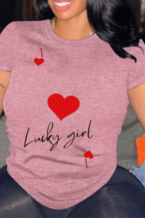 Pink Daily Letter Print Heart Shaped Contrast O Neck Tops