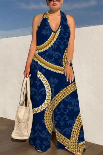 The cowboy blue Sexy Colorblock Print Lace Up Backless Contrast Halter Loose Jumpsuits