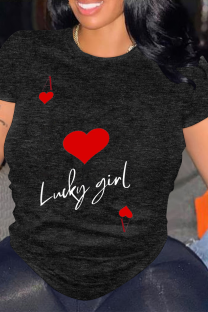 Black Daily Letter Print Heart Shaped Contrast O Neck Tops
