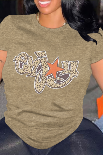 Khaki Casual Letter Print Leopard O Neck Tops