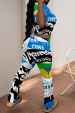 Blue Casual Graffiti Print Contrast O Neck Short Sleeve Two Pieces