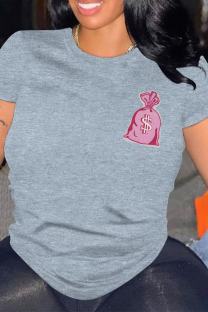 Grey Casual Graffiti Print O Neck Tops