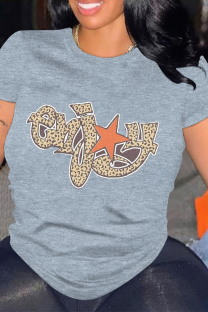 Grey Casual Letter Print Leopard O Neck Tops