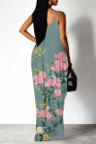 Blue Sexy Floral Print Pocket Contrast V Neck Printed Dresses