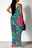 Blue Sexy Floral Print Pocket Contrast V Neck Printed Dresses