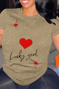 Khaki Daily Letter Print Heart Shaped Contrast O Neck Tops