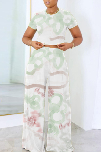 White Green Casual Geometric Print Pocket Contrast O Neck Short Sleeve Two Pieces