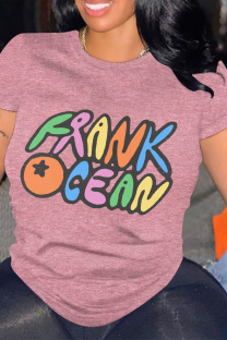 Pink Casual Letter Print O Neck Tops