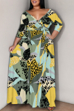 Baby Blue Casual Geometric Print Lace Up Contrast V Neck Printed Plus Size Dresses