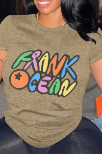 Khaki Casual Letter Print O Neck Tops
