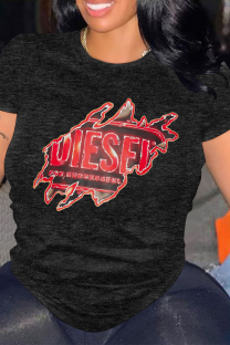 Black Casual Letter Print O Neck Tops