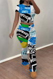 Blue Casual Graffiti Print Contrast O Neck Short Sleeve Two Pieces