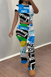 Blue Casual Graffiti Print Contrast O Neck Short Sleeve Two Pieces