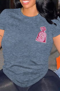Blue Casual Graffiti Print O Neck Tops