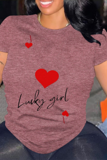 Purplish Red Daily Letter Print Heart Shaped Contrast O Neck Tops