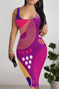 Rose Red Sexy Geometric Print Contrast U Neck Printed Dresses