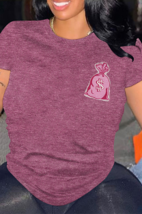 Burgundy Casual Graffiti Print O Neck Tops