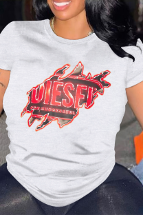 White Casual Letter Print O Neck Tops