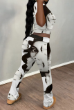 Blue Casual Graffiti Print Contrast O Neck Short Sleeve Two Pieces