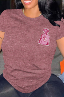 Purplish Red Casual Graffiti Print O Neck Tops