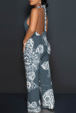 White Sexy Colorblock Print Lace Up Backless Contrast Halter Loose Jumpsuits