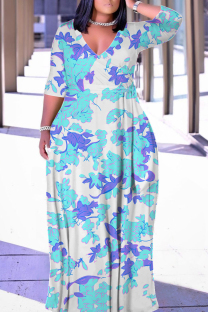 Baby Blue Casual Geometric Print Lace Up Contrast V Neck Printed Plus Size Dresses