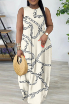 Beige Casual Geometric Print Flowers Pocket Contrast O Neck Printed Dresses