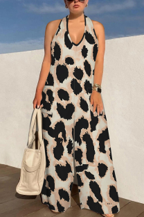 Apricot Sexy Colorblock Print Lace Up Backless Contrast Halter Loose Jumpsuits