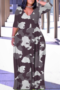 Camouflage Casual Geometric Print Lace Up Contrast V Neck Printed Plus Size Dresses