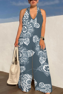 Navy Blue Sexy Colorblock Print Lace Up Backless Contrast Halter Loose Jumpsuits