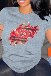 Grey Casual Letter Print O Neck Tops