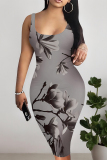 Brown Sexy Floral Print Contrast U Neck Printed Dresses