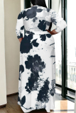 Baby Blue Casual Geometric Print Lace Up Contrast V Neck Printed Plus Size Dresses