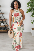 Light Khaki Geometric Print Flowers Stripe Contrast O Neck Dresses