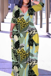 Turquoise Casual Geometric Print Lace Up Contrast V Neck Printed Plus Size Dresses