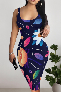 Tibetan Blue Sexy Geometric Print Contrast U Neck Printed Dresses