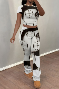 White Coffee Casual Graffiti Print Contrast O Neck Short Sleeve Two Pieces